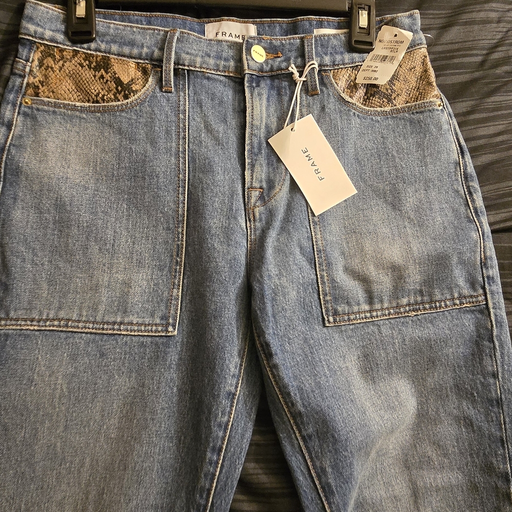 Frame Denim Straight Leg Jeans with Snake Print Pockets